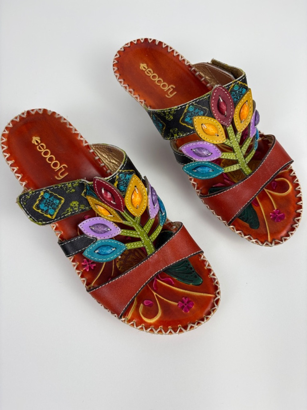 Socofy Colorful Sandals Women’s EU 39/US 8.5 Leather Leaf Cutout Style Slip On